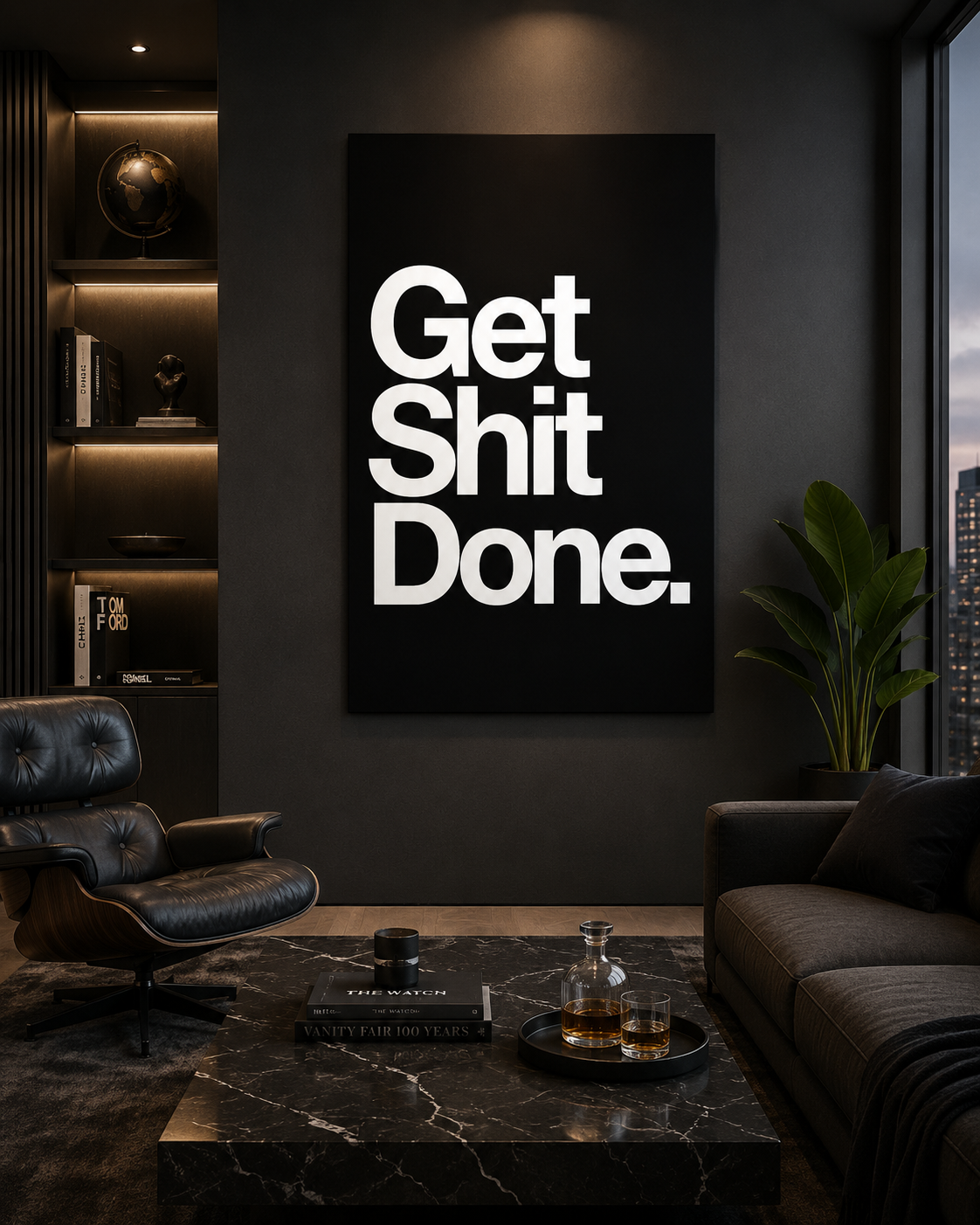 Bold typography canvas in a modern dark living space