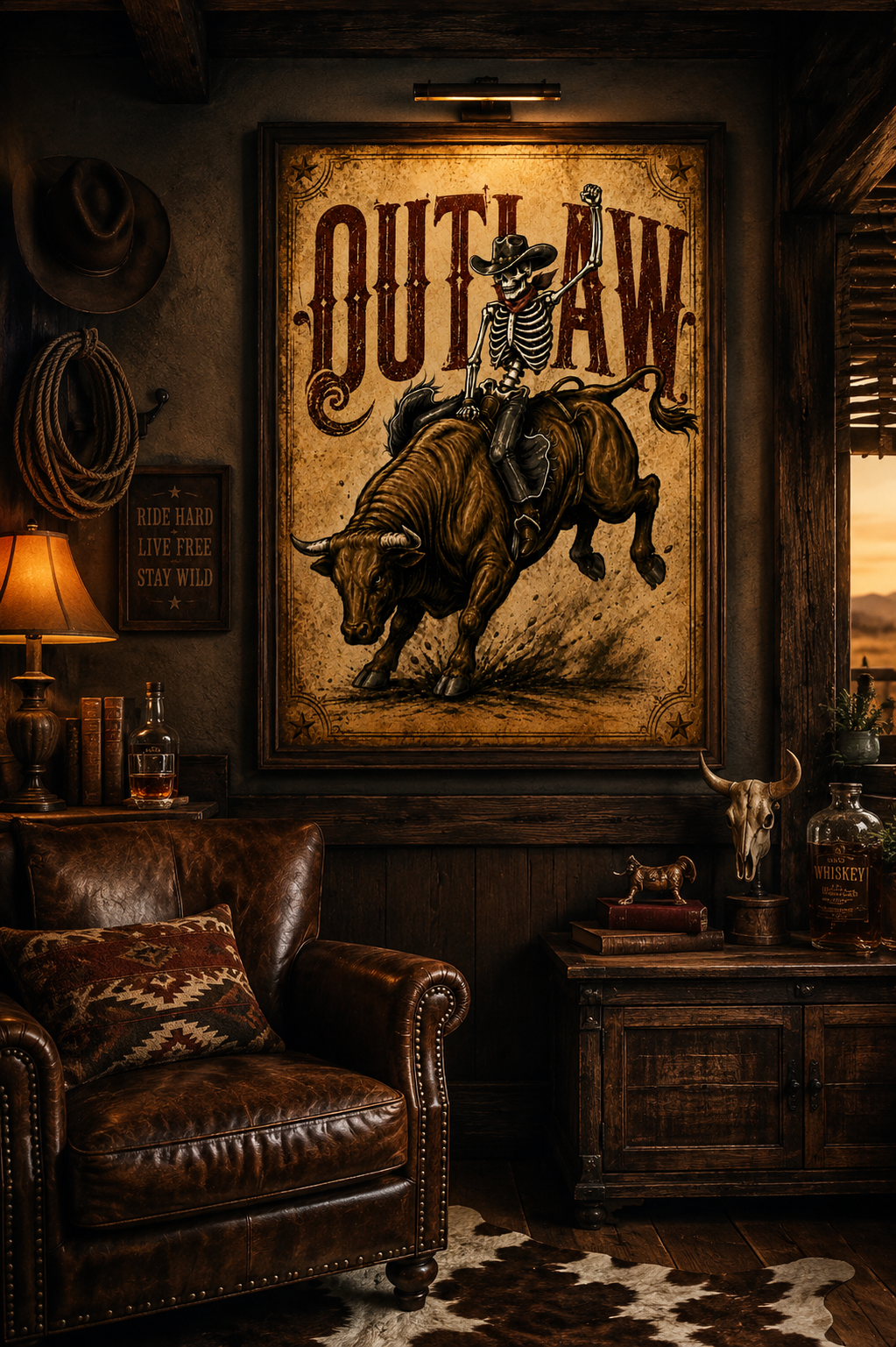 Outlaw rodeo canvas in a western leather lounge