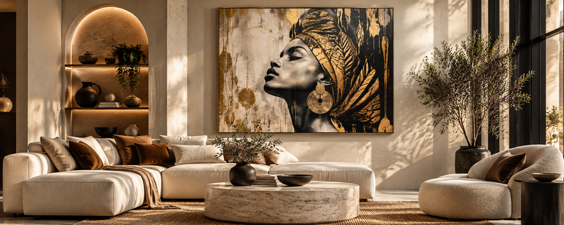 Sunlit gallery living room with a gold portrait canvas