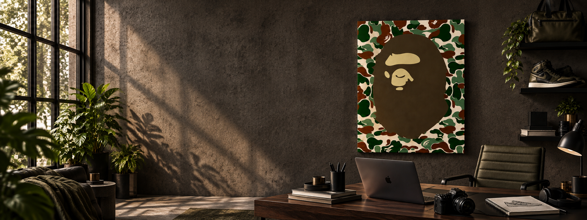 Statement canvas above a sunlit creative workspace desk