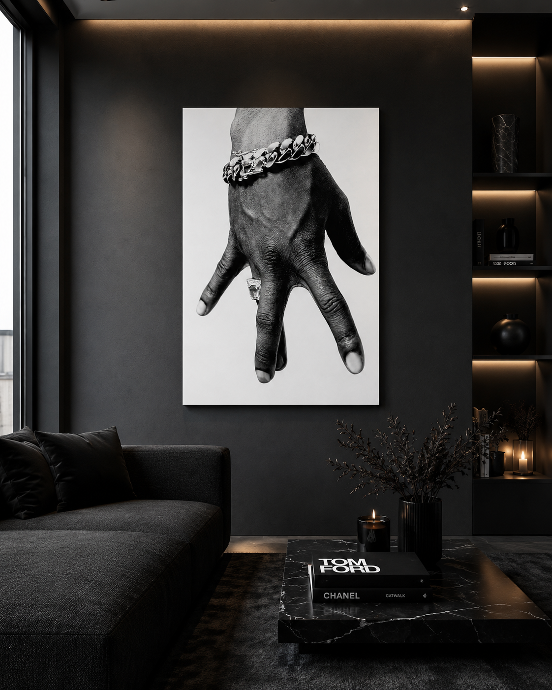 Westside hand canvas above a dark lounge sofa
