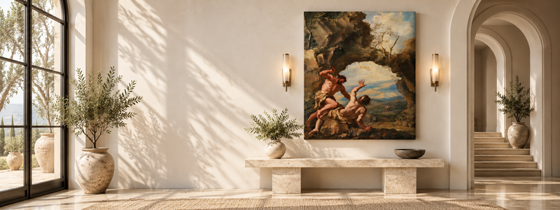 Classic painting canvas in a bright arched entryway