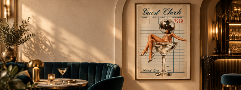 Cocktail art canvas in a warm lounge dining space