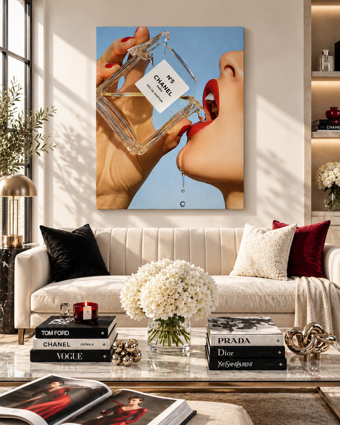 Fashion & Beauty canvas art above a cream sofa in a bright living room