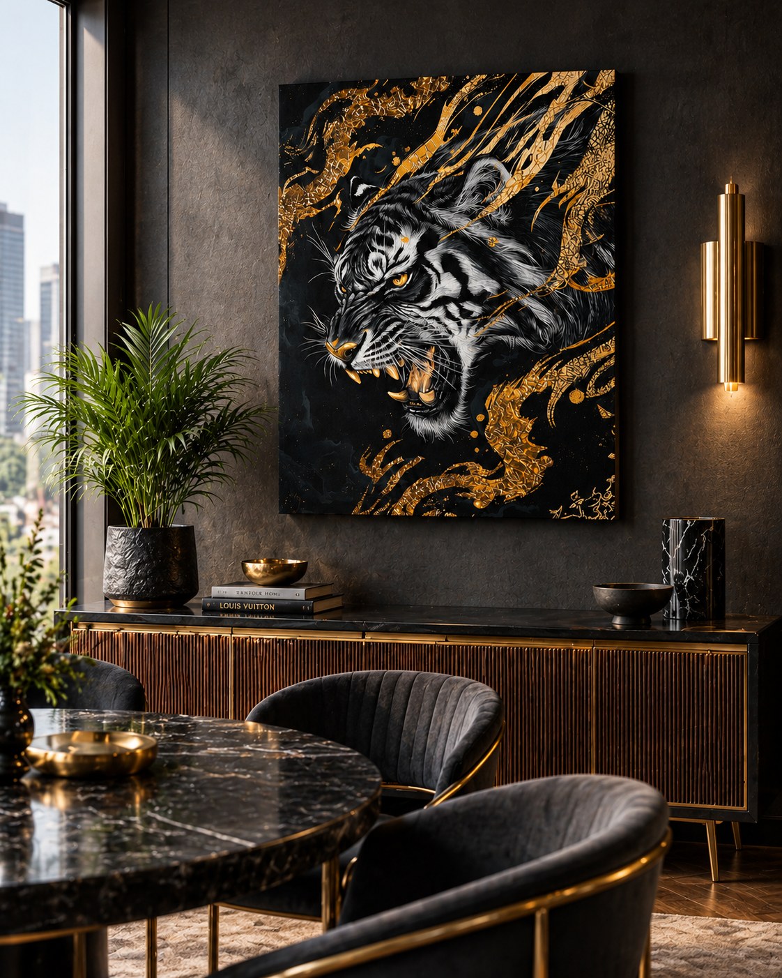 Luxury Wildlife black and gold tiger canvas in a luxe dining room