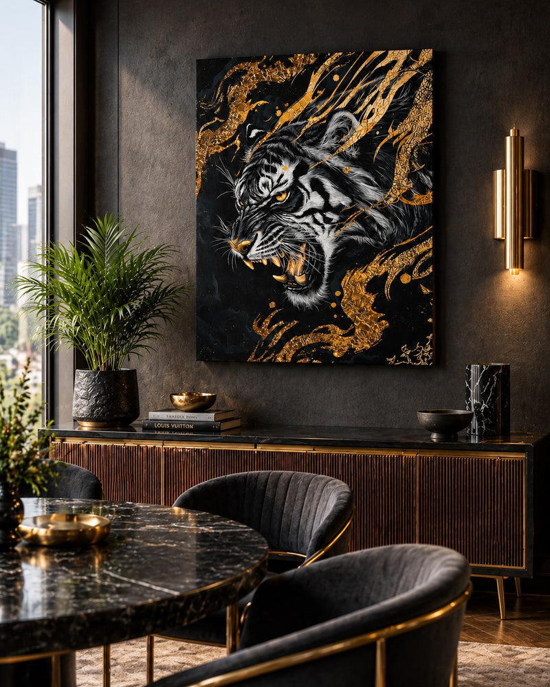Luxury Wildlife black and gold tiger canvas in a luxe dining room