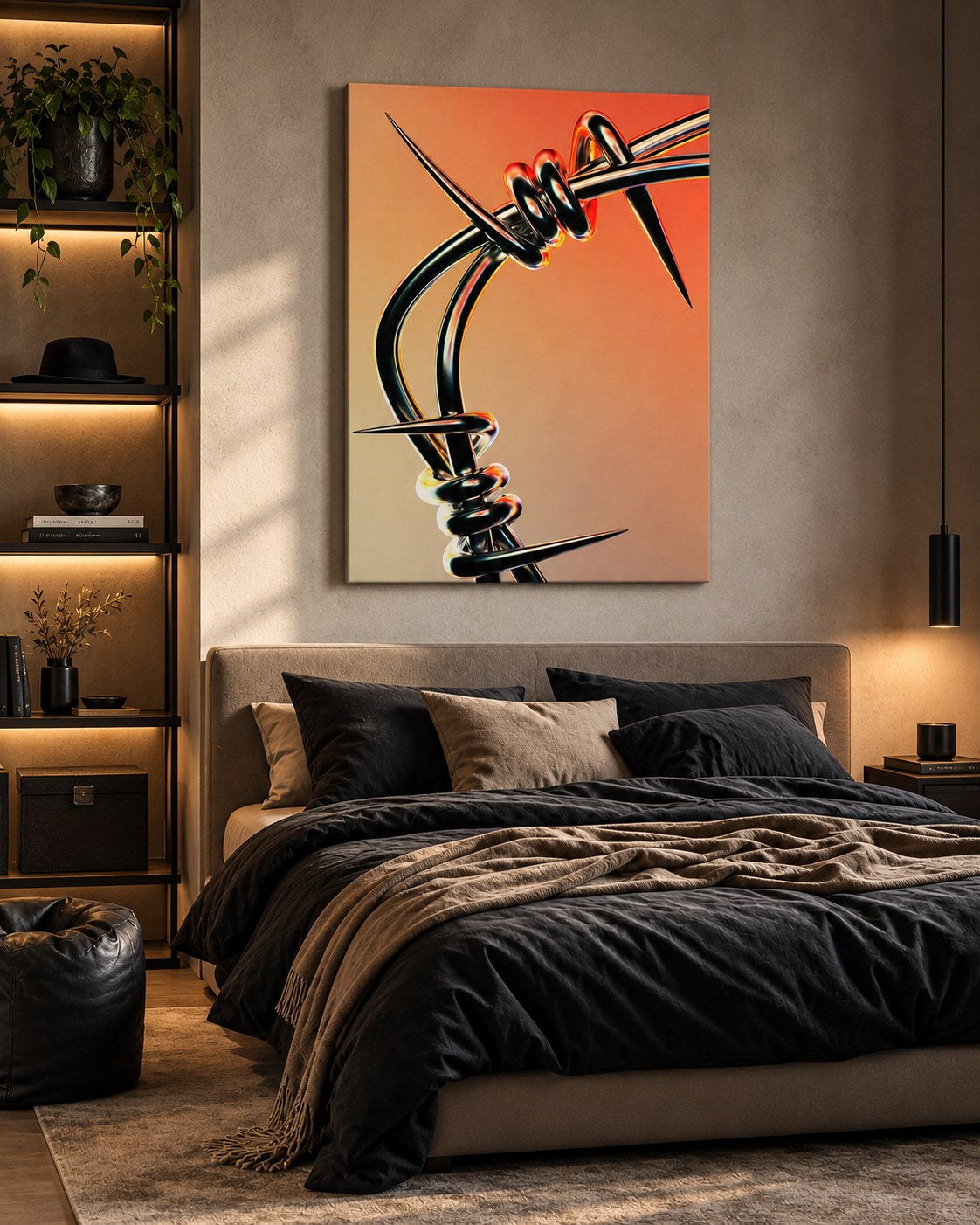 Minimal Abstract chrome canvas above a modern bed