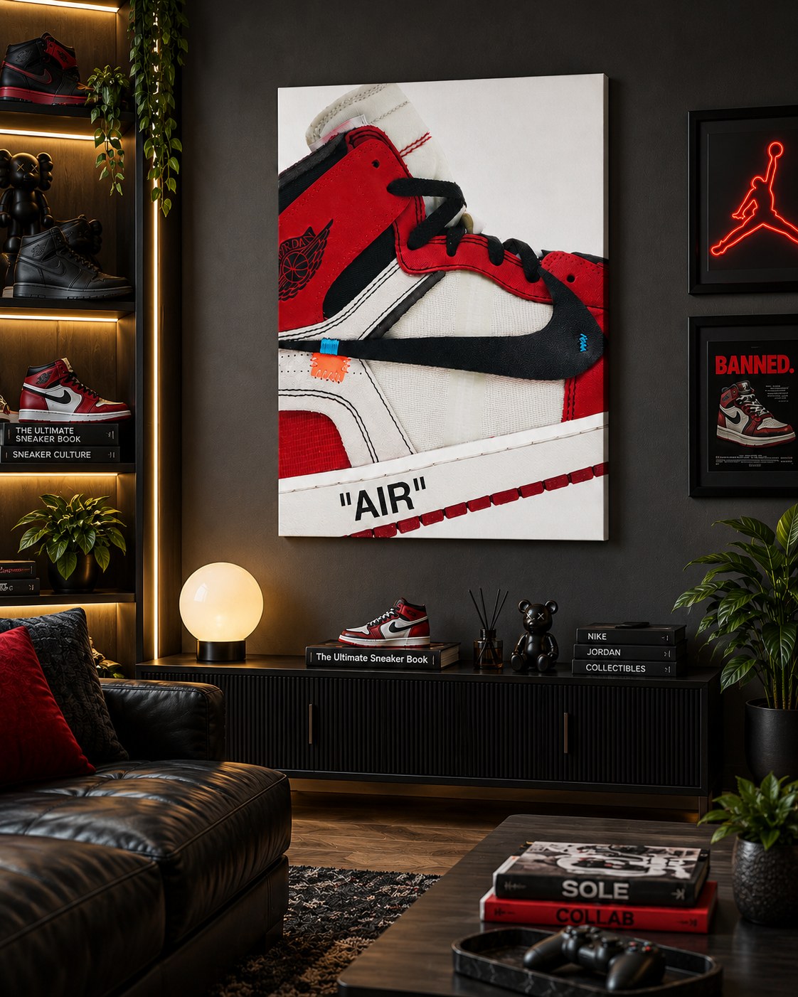 Sneaker Culture canvas art hanging in a dark lounge with sneaker shelves