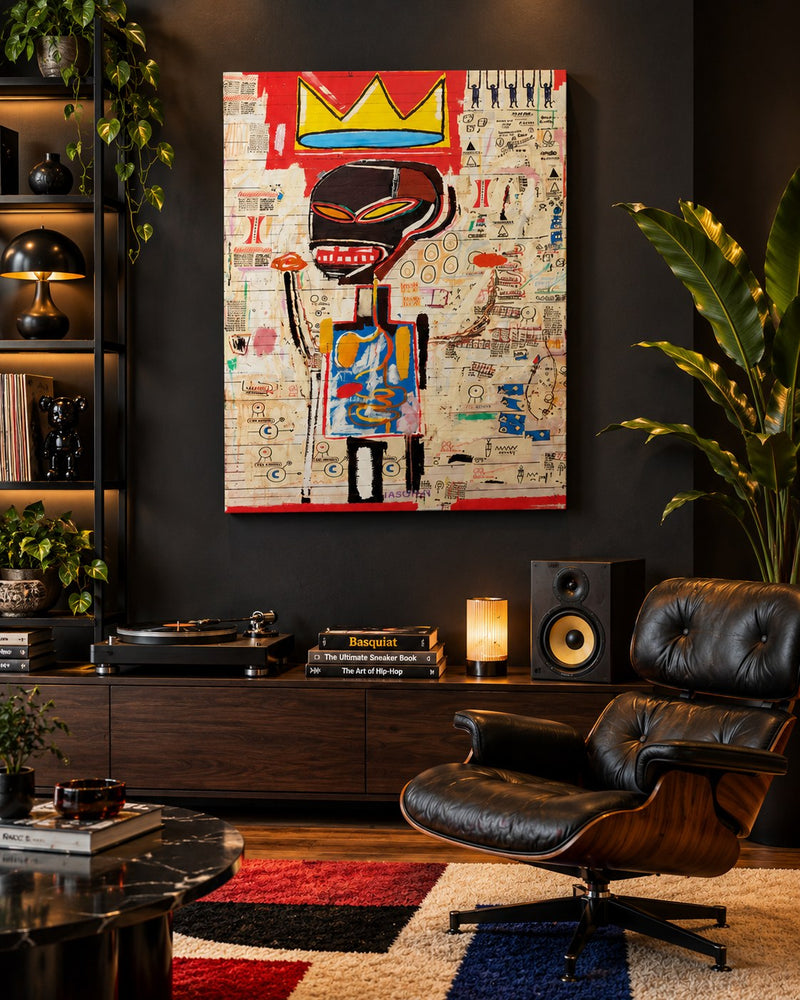 Street Art crown canvas in a dark lounge with a leather chair