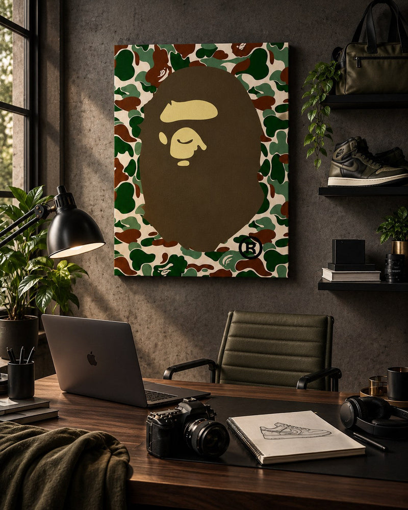Streetwear camo canvas above a creative's desk