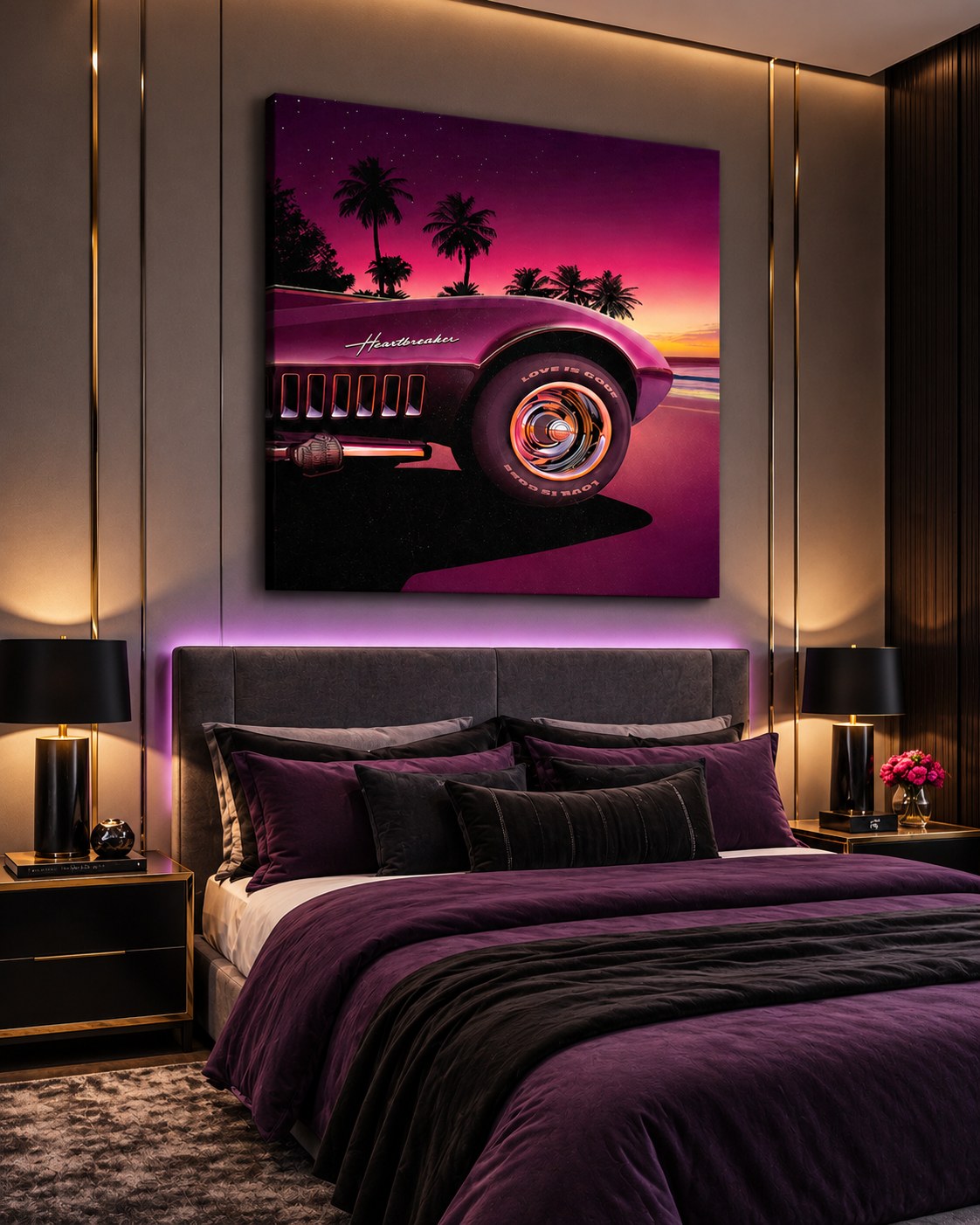 Sunset Drives retro car canvas above a plum velvet bed