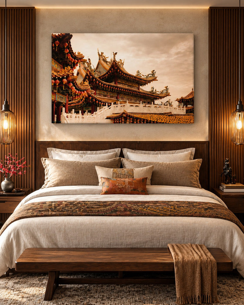 Travel & Architecture temple canvas above a warm wood bed