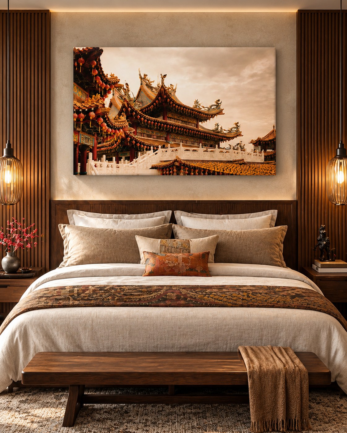 Bedroom canvas wall art above a warm wood bed