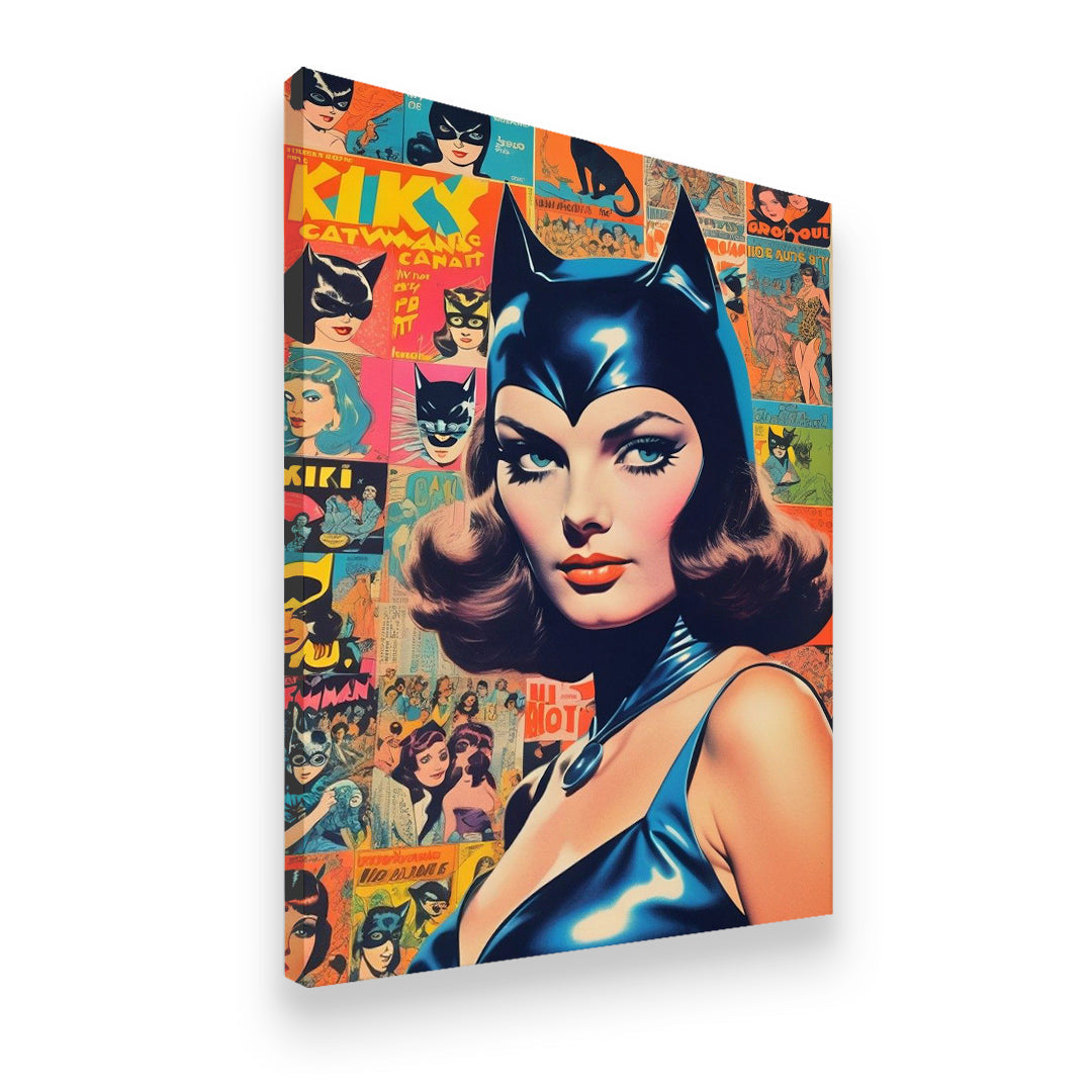 Catwoman vintage comic collage canvas side angle showing gallery-wrapped depth and print detail
