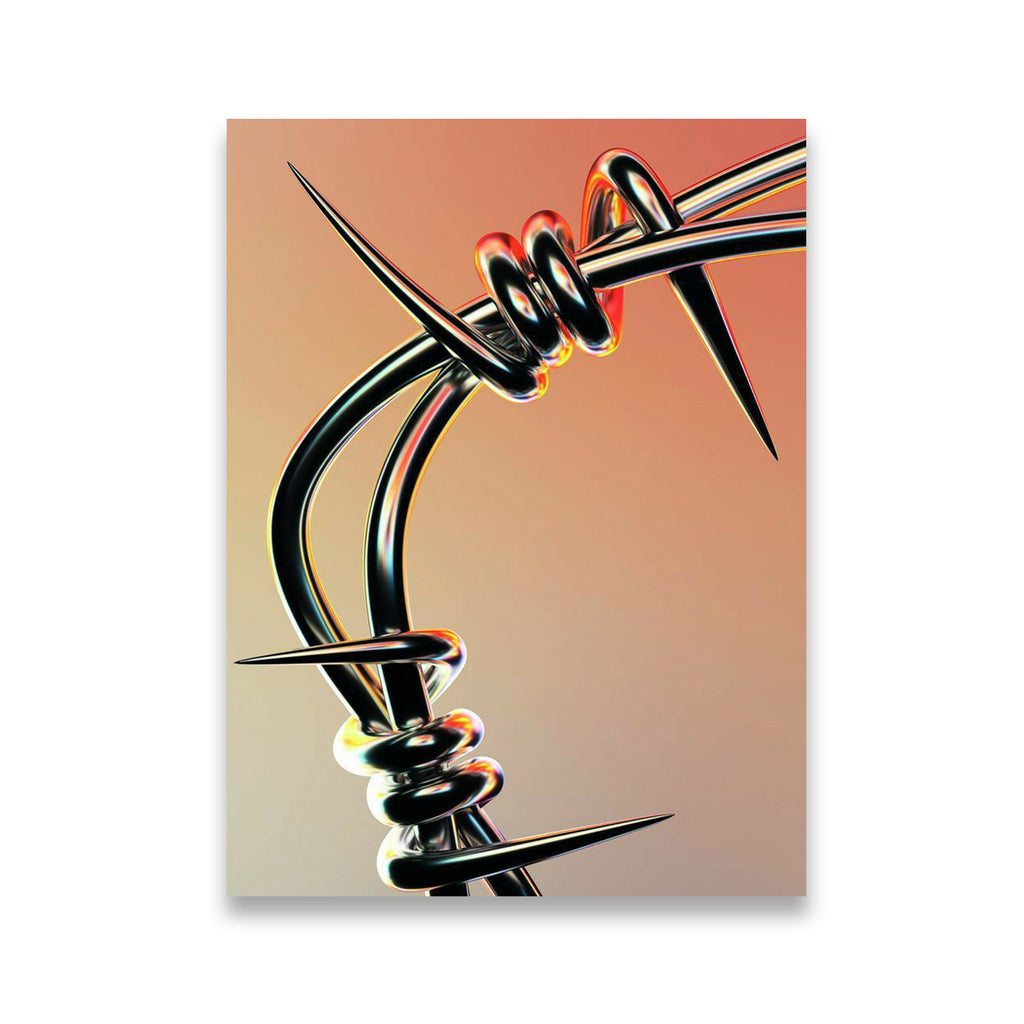3D chrome barbed wire close-up canvas wall art with glossy black coils and spikes on a warm peach-coral gradient background