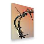 Gallery-wrapped canvas of chrome barbed wire 3D art showing metallic coils and sharp spikes on a coral ombre backdrop