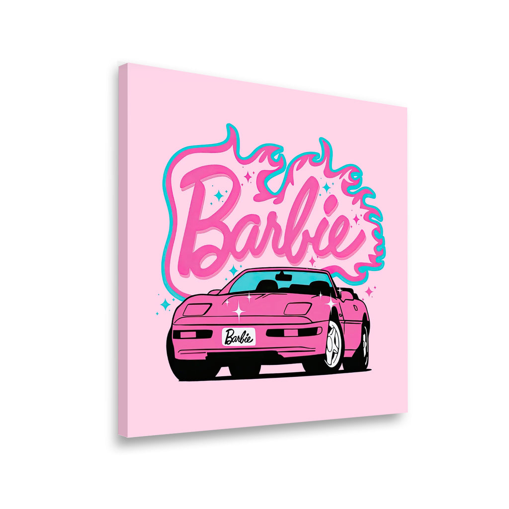 Gallery-wrapped Barbie pink convertible canvas wall art shown at angle, retro pop art style with bold swirling script and sp