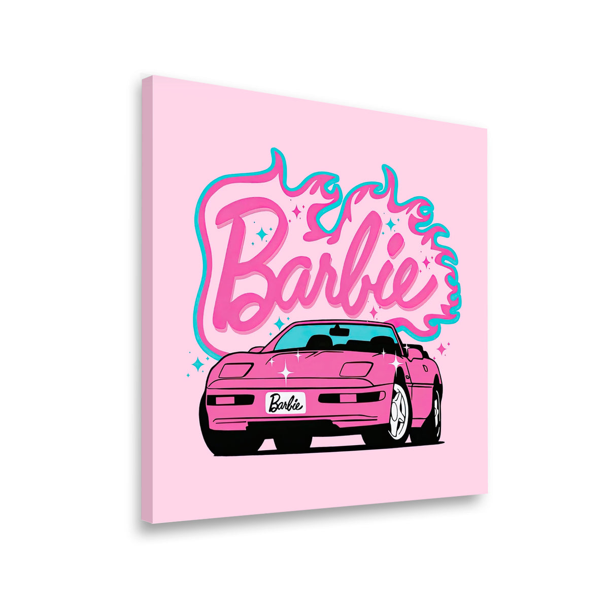 Gallery-wrapped Barbie pink convertible canvas wall art shown at angle, retro pop art style with bold swirling script and sp