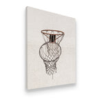 Side-angle view of basketball hoop net shadow canvas print on gallery-wrapped canvas — street court wall art