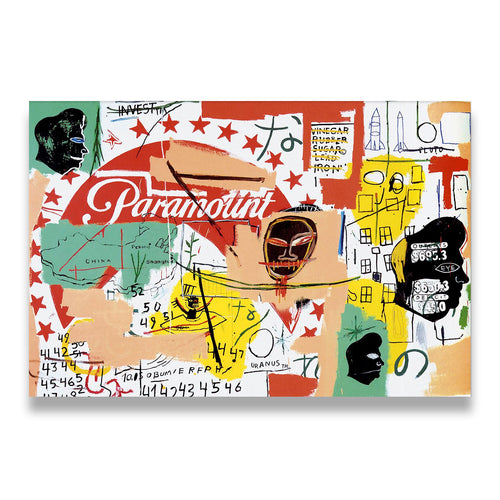 Basquiat-style Paramount pop collage canvas wall art with red stars, African mask, and neo-expressionist layered text