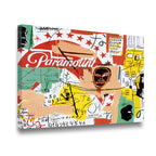Gallery-wrapped Basquiat-style Paramount canvas wall art shown at angle, vivid neo-expressionist collage detail