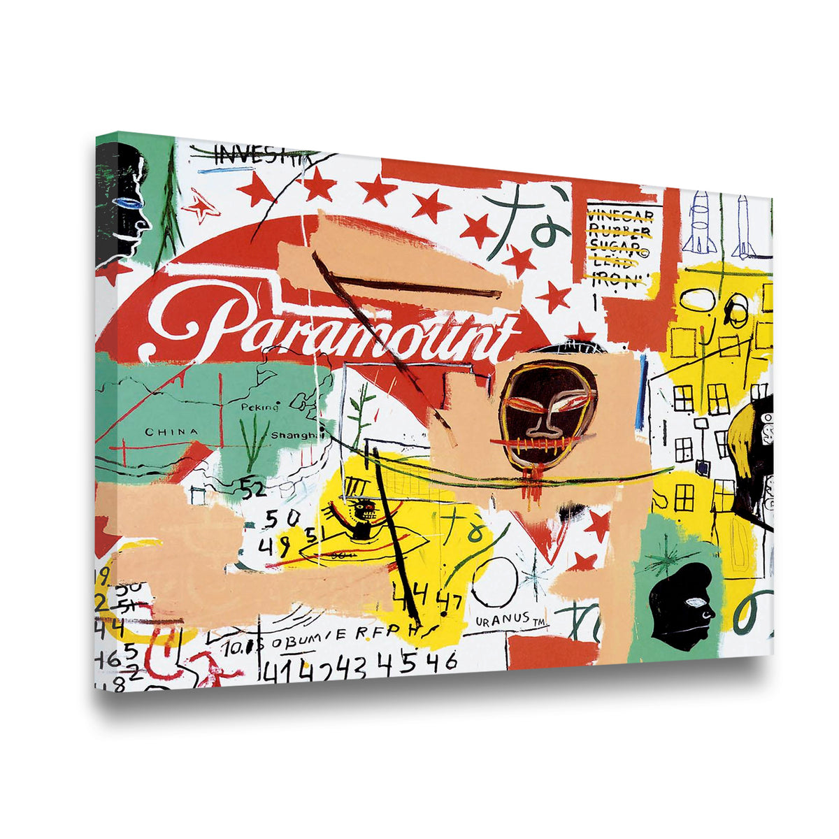 Gallery-wrapped Basquiat-style Paramount canvas wall art shown at angle, vivid neo-expressionist collage detail
