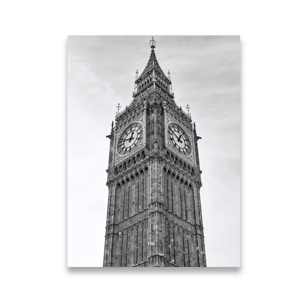 Black and white canvas wall art of London's Elizabeth Tower clock face and Gothic stonework against a grey sky
