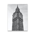 Black and white canvas wall art of London's Elizabeth Tower clock face and Gothic stonework against a grey sky