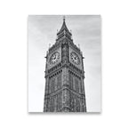 Black and white canvas wall art of London's Elizabeth Tower clock face and Gothic stonework against a grey sky
