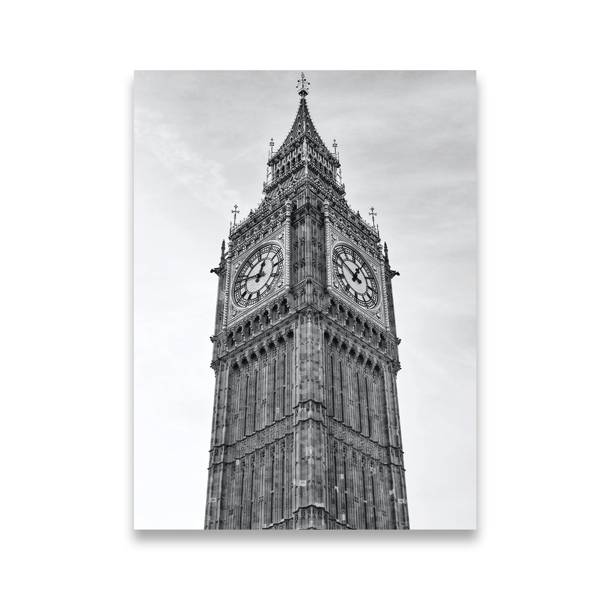 Black and white canvas wall art of London's Elizabeth Tower clock face and Gothic stonework against a grey sky