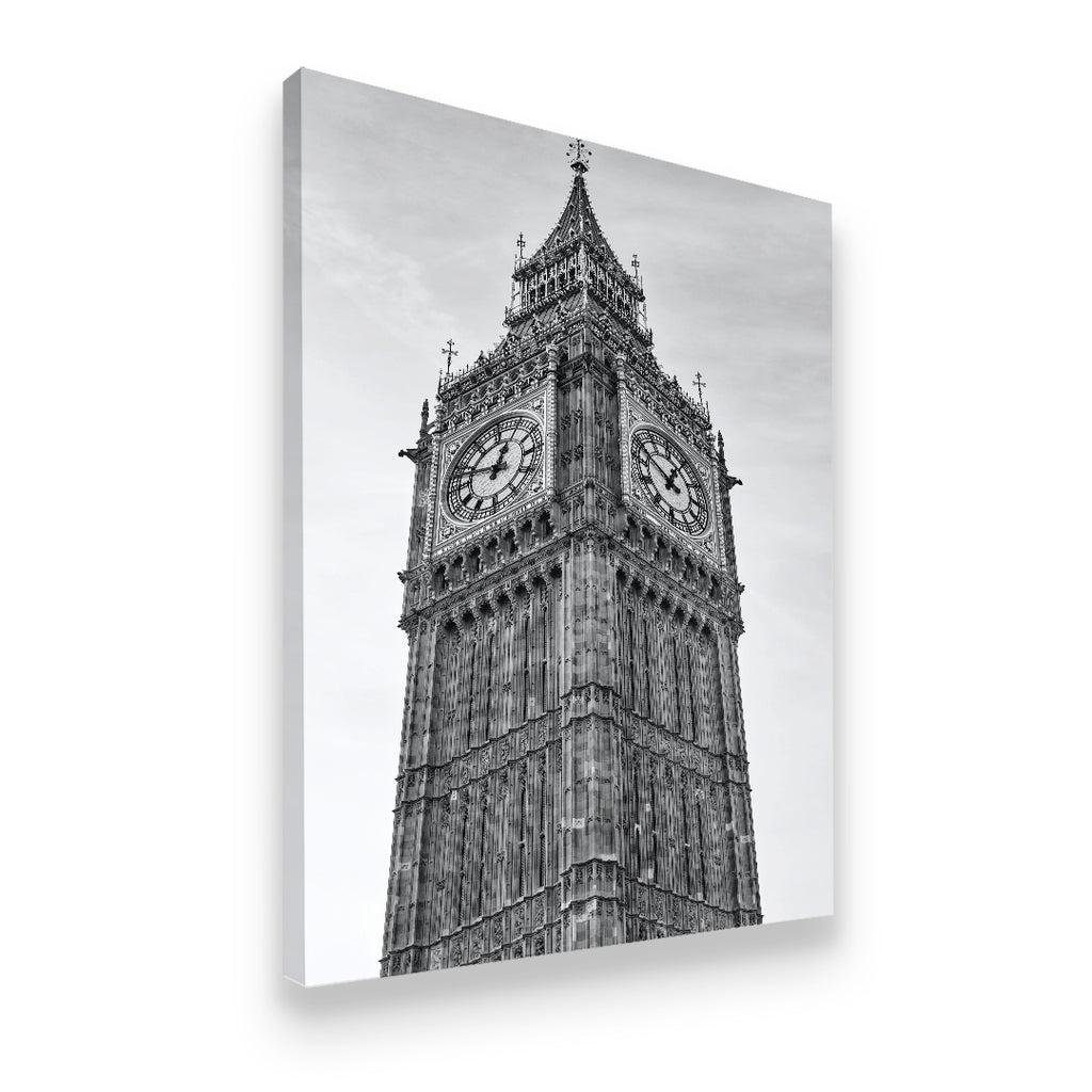 Gallery-wrapped black and white canvas print of London clock tower with dramatic low-angle architectural detail