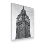 Gallery-wrapped black and white canvas print of London clock tower with dramatic low-angle architectural detail
