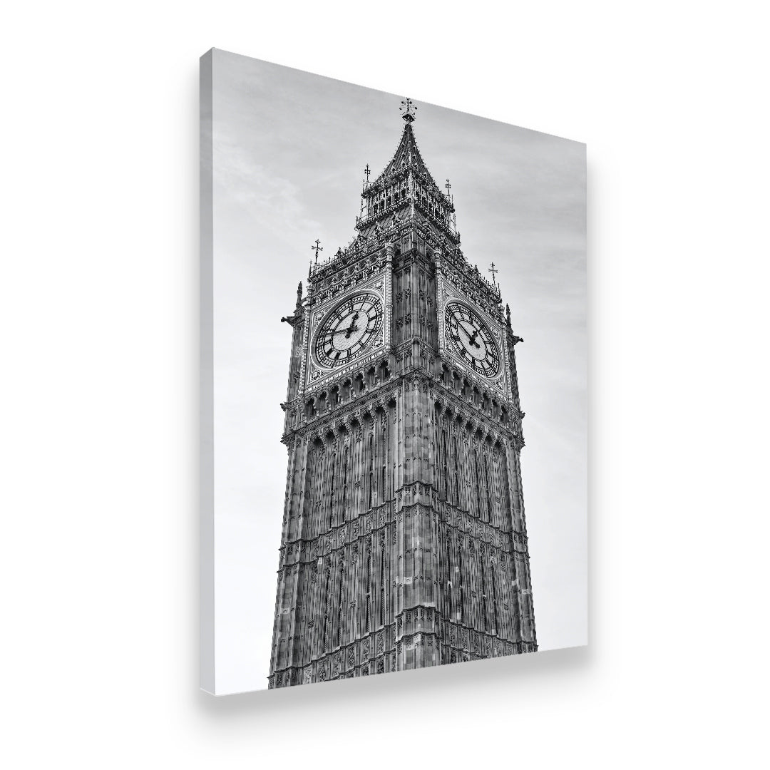 Gallery-wrapped black and white canvas print of London clock tower with dramatic low-angle architectural detail