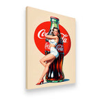 Gallery-wrapped canvas side view of Coca-Cola retro pin-up illustration with bold red and cream palette