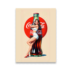 Retro pin-up girl hugging a Coca-Cola contour bottle against a red circle on beige canvas wall art