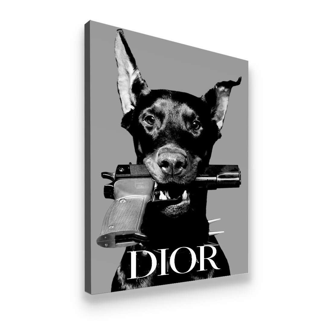 Dior Doberman gallery-wrapped canvas side view showing monochrome print depth and bold fashion artwork