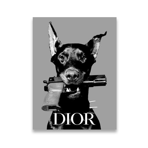 Dior Doberman pop art canvas wall art with monochrome fashion lettering and street-luxury attitude