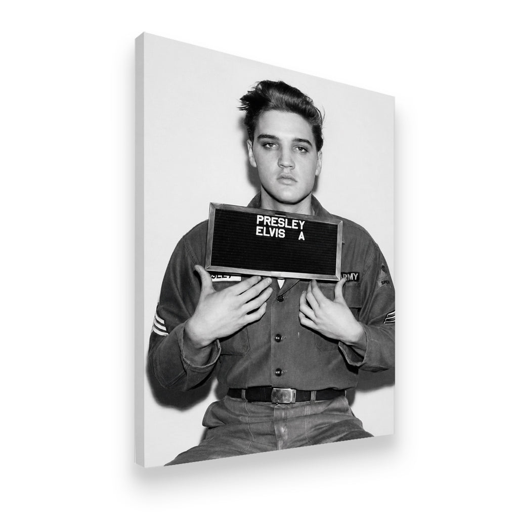 Gallery-wrapped canvas side view of Elvis Presley Army induction portrait in black and white