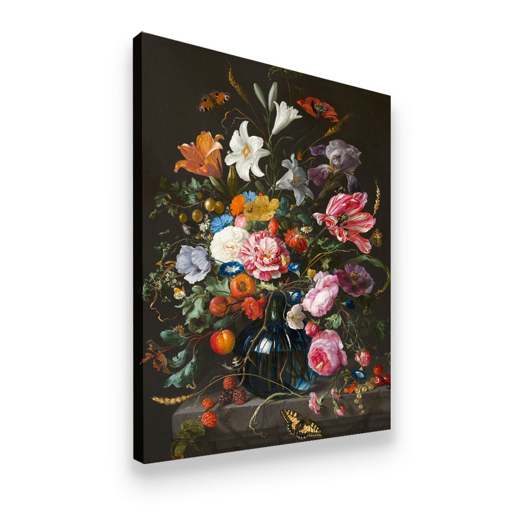 Side-angle view of Dutch Golden Age floral still life canvas wall art showing gallery-wrapped wood frame depth