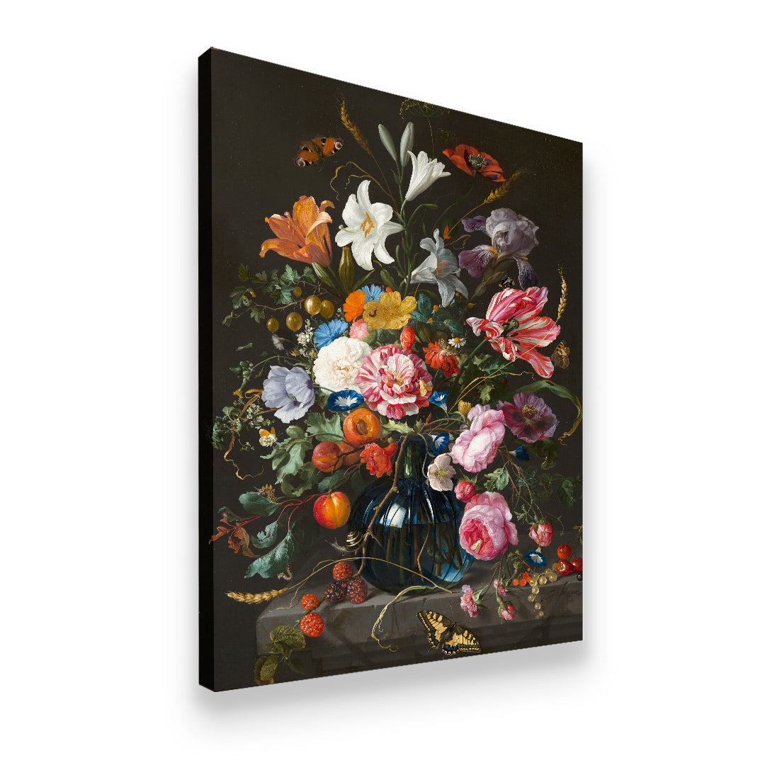 Side-angle view of Dutch Golden Age floral still life canvas wall art showing gallery-wrapped wood frame depth