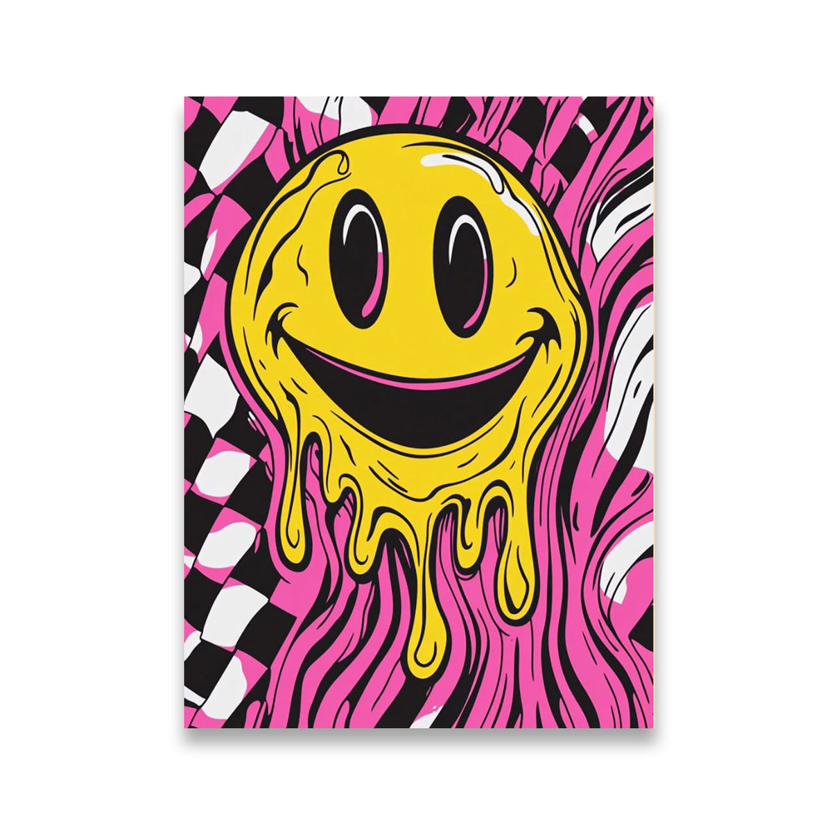 Melting yellow smiley face drip art on pink and black checkerboard psychedelic pop art canvas wall art