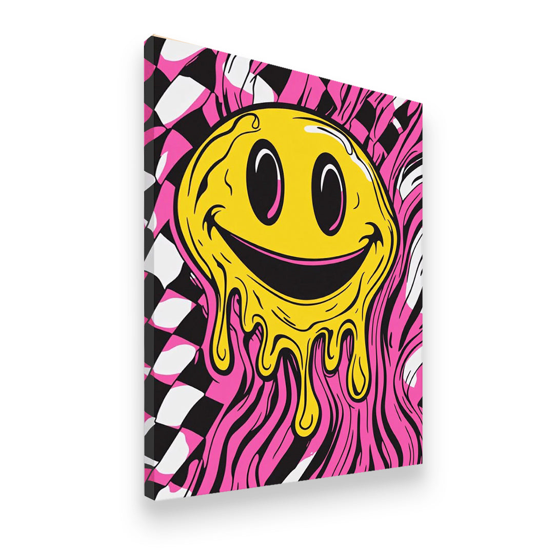 Gallery-wrapped canvas side view of dripping smiley face psychedelic pop art in pink yellow and black