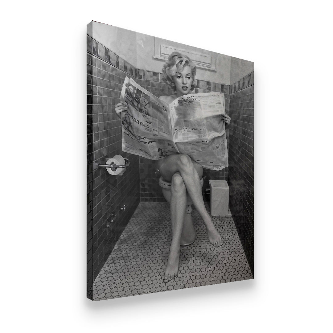 Side angle of Marilyn Monroe bathroom newspaper canvas wall art showing premium gallery-wrapped edge depth