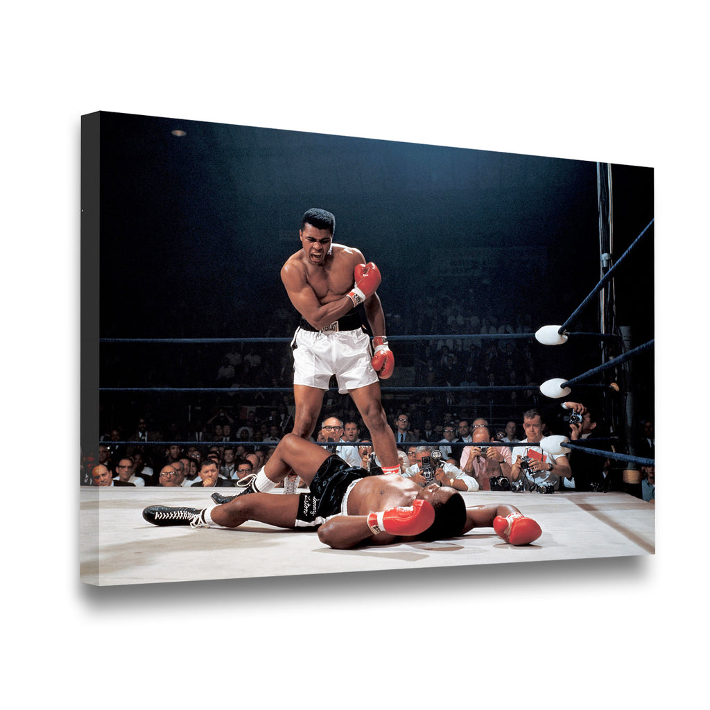 Muhammad Ali vs Sonny Liston knockout moment gallery-wrapped canvas wall art — side angle showing depth and premium finish