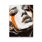 Abstract portrait canvas wall art with bold orange diagonal brushstrokes over a black-and-white graphic female face