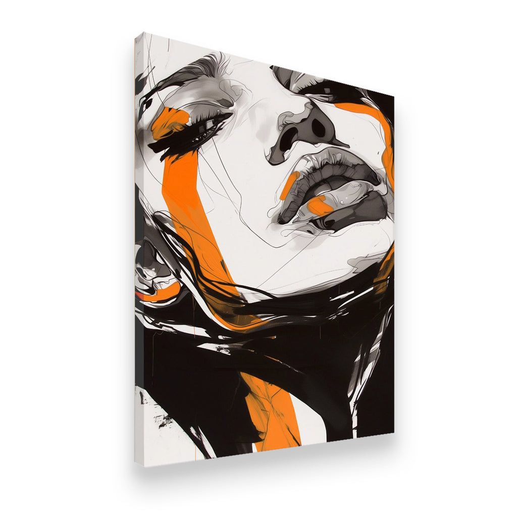 Gallery-wrapped abstract portrait canvas — orange slash strokes over monochromatic ink-sketch face, angled product view