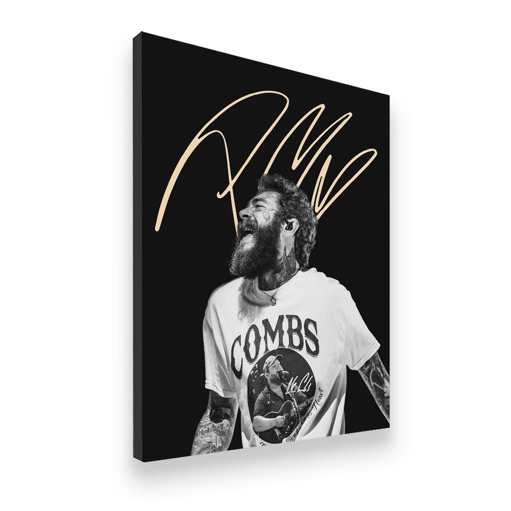 Post Malone canvas wall art gallery-wrapped side view showing black stage background and bold gold script graphic