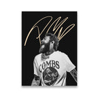 Post Malone black-and-white live performance canvas wall art with gold signature graphic overlay and Combs fan tee detail