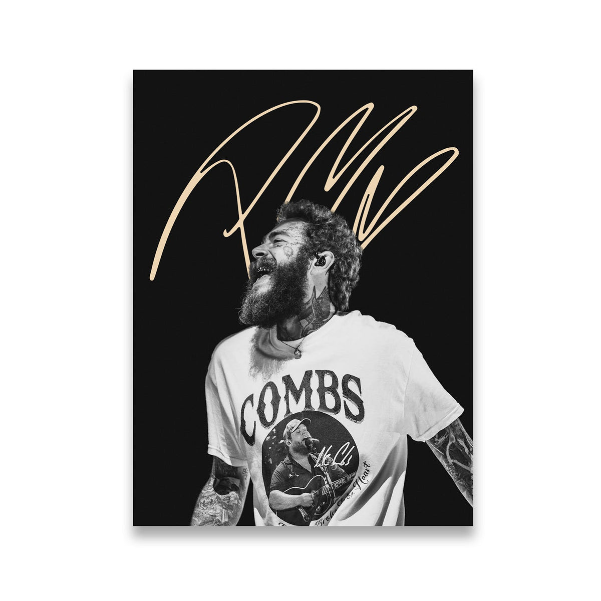 Post Malone black-and-white live performance canvas wall art with gold signature graphic overlay and Combs fan tee detail