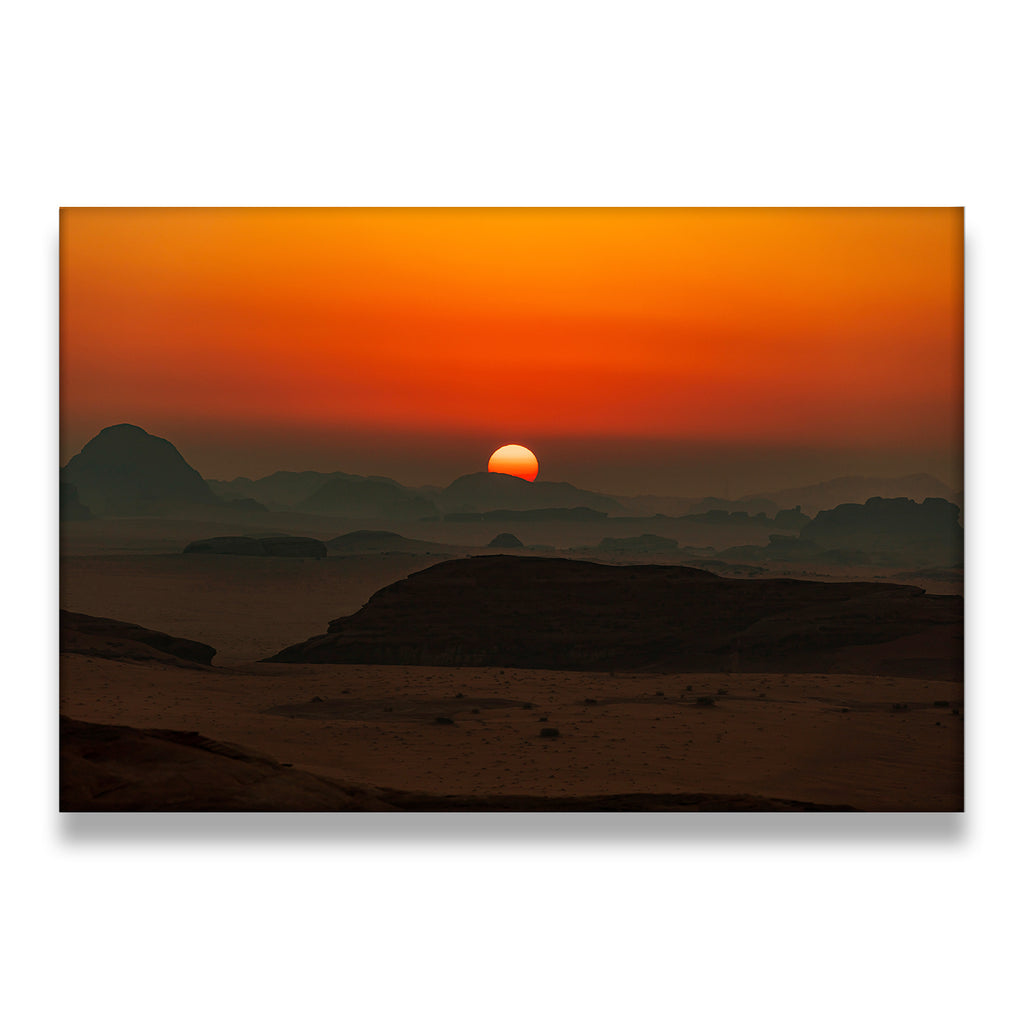 Desert sunset canvas wall art with silhouetted rock formations and fiery orange sky at dusk